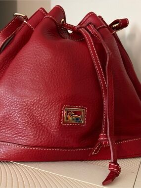 Dooney & Bourke Red Pebble Leather Drawstring Bucket Bag